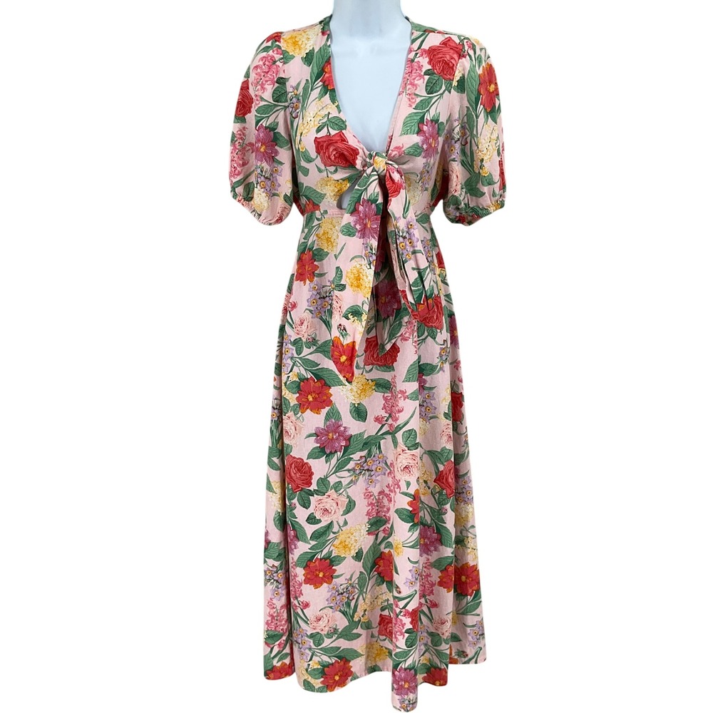 Old Navy Dress Womens XS Pink Linen Floral Tie Front Cutout Midi Boho Romantic
